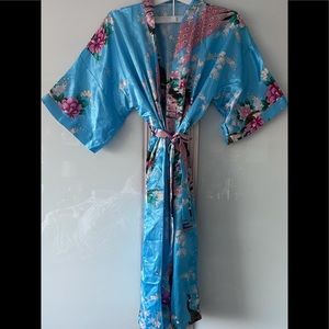 Vintage Light Blue Floral Silk Kimono